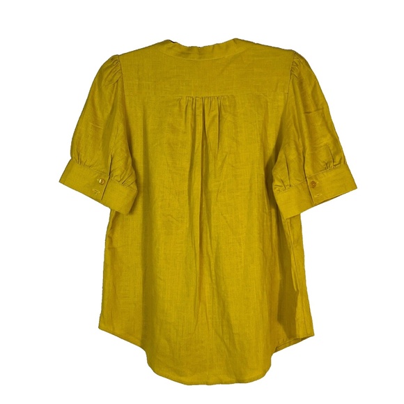 New PEPALOVES Blouse Top Short Sleeve Button Up Tie Neck Size L NWT Mustard Gold - Picture 3 of 6